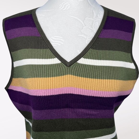 Y2K Striped Sweater Vest Purple Olive Gold Pink Ribbed Knit Retro 2000s Large - Picture 2 of 7
